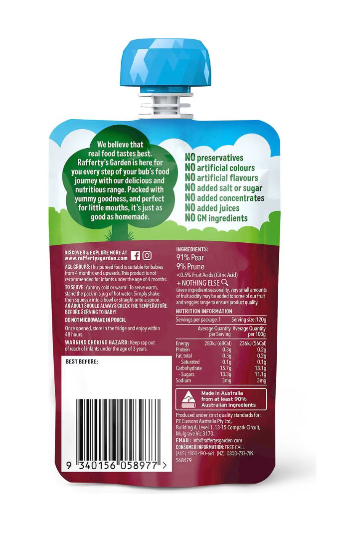 Rafferty's Garden Baby Food Pouch Pear & Prune & Nothing Else 4+ Months 120g