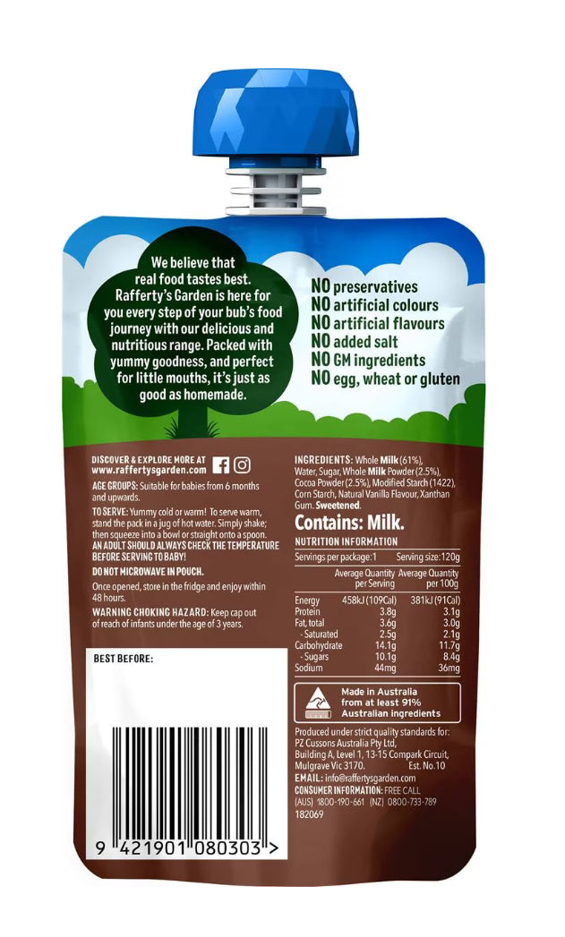 Rafferty's Garden Baby Food Pouch Chocolate Custard 6+ Months 120g