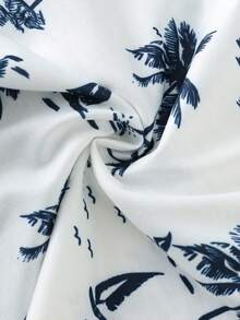 Babylove Nauru soft white knit fabric with navy blue tropical coconut tree print for baby boy beach outfit set