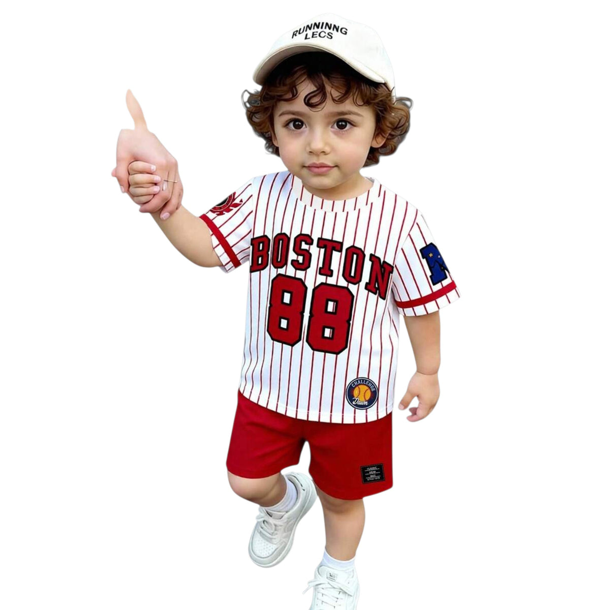 Babylove Nauru kids red and white striped sports outfit with Boston 88 print, short sleeves, and matching shorts.