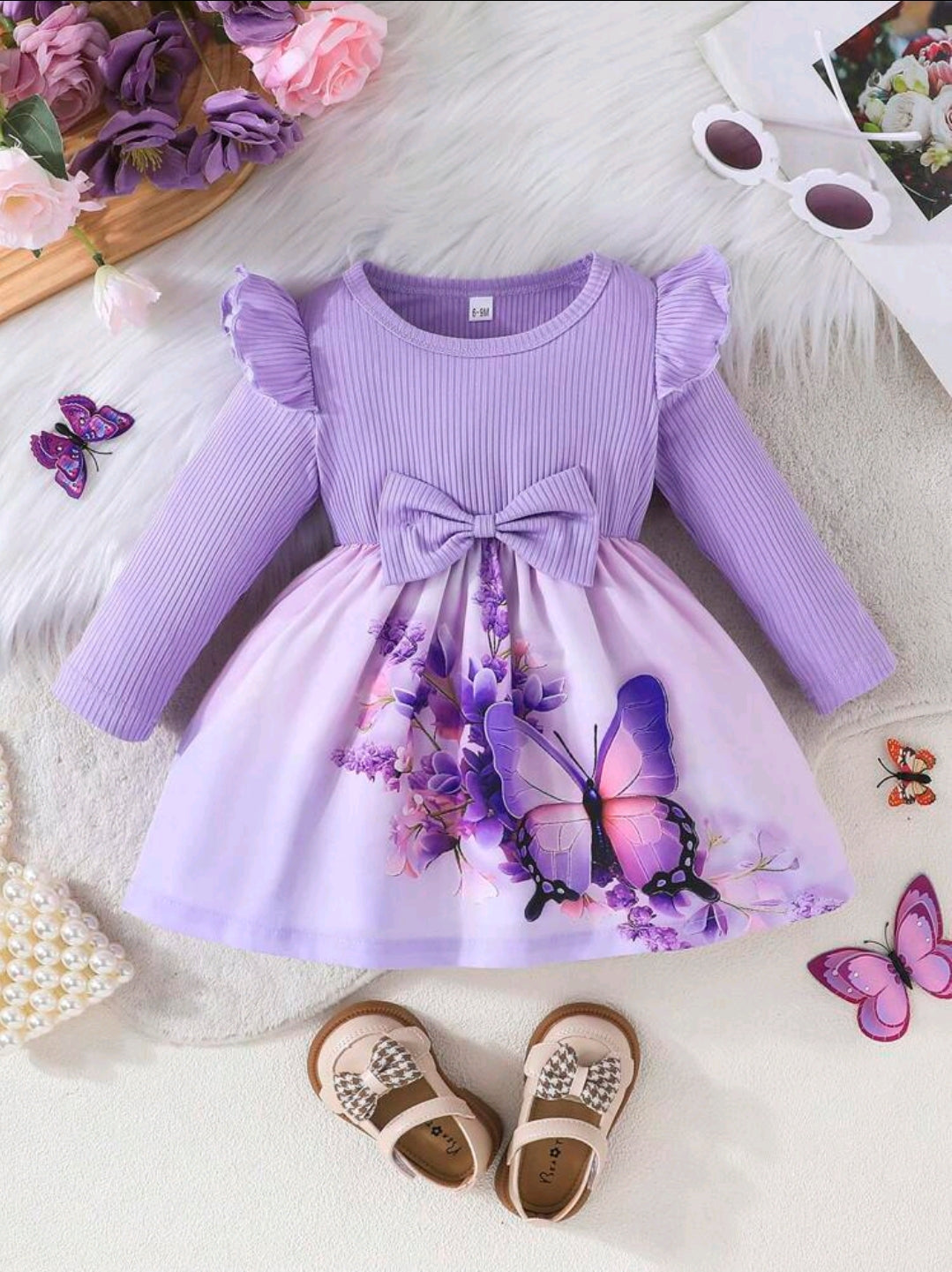 Toddler Girls Autumn Ruffle Collar Long Sleeve Round Neck Bow Tie Cute Butterfly Floral Print Casual Dress -(size 3-6M)