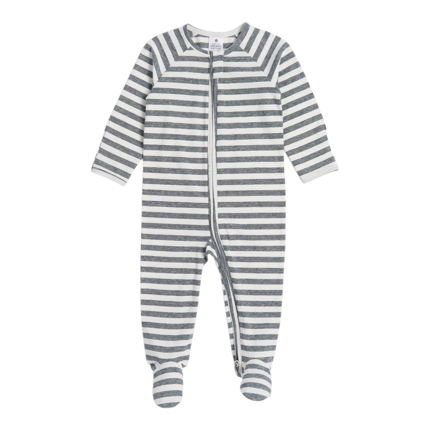 Baby Organic Cotton Print Zip Coverall - Black Stripe -(size NB)