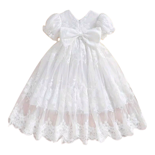 Baby Girl Bow Decor Short Puff Sleeve Party Dress, Holiday Gown, Birthday Christening Robe -(size 6-9M)