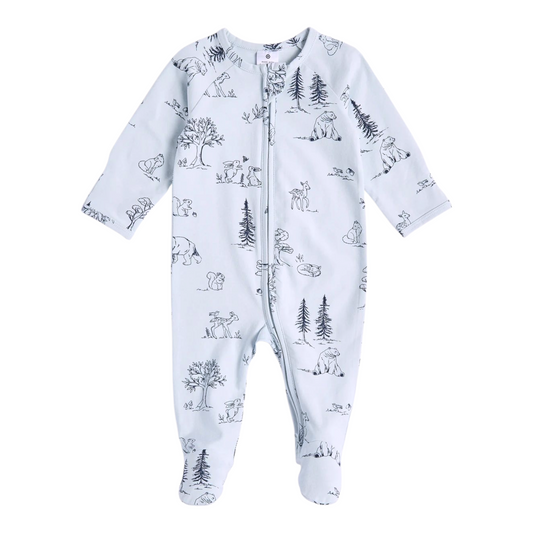 Baby Organic Cotton Print Zip Coverall - Blue Woodland -(size 3-6M)
