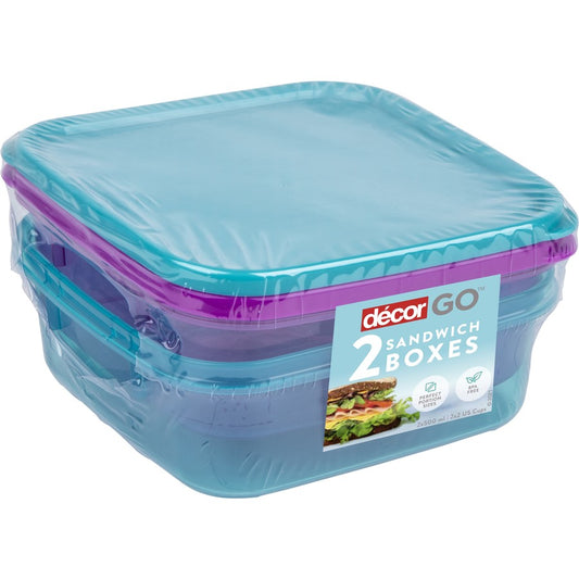 Decor Sandwich Box Square 500ml 2 Pack - Assorted*