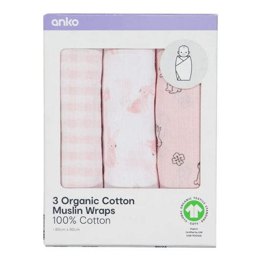 3 Pack Organic Cotton Muslin Wraps - Bunny