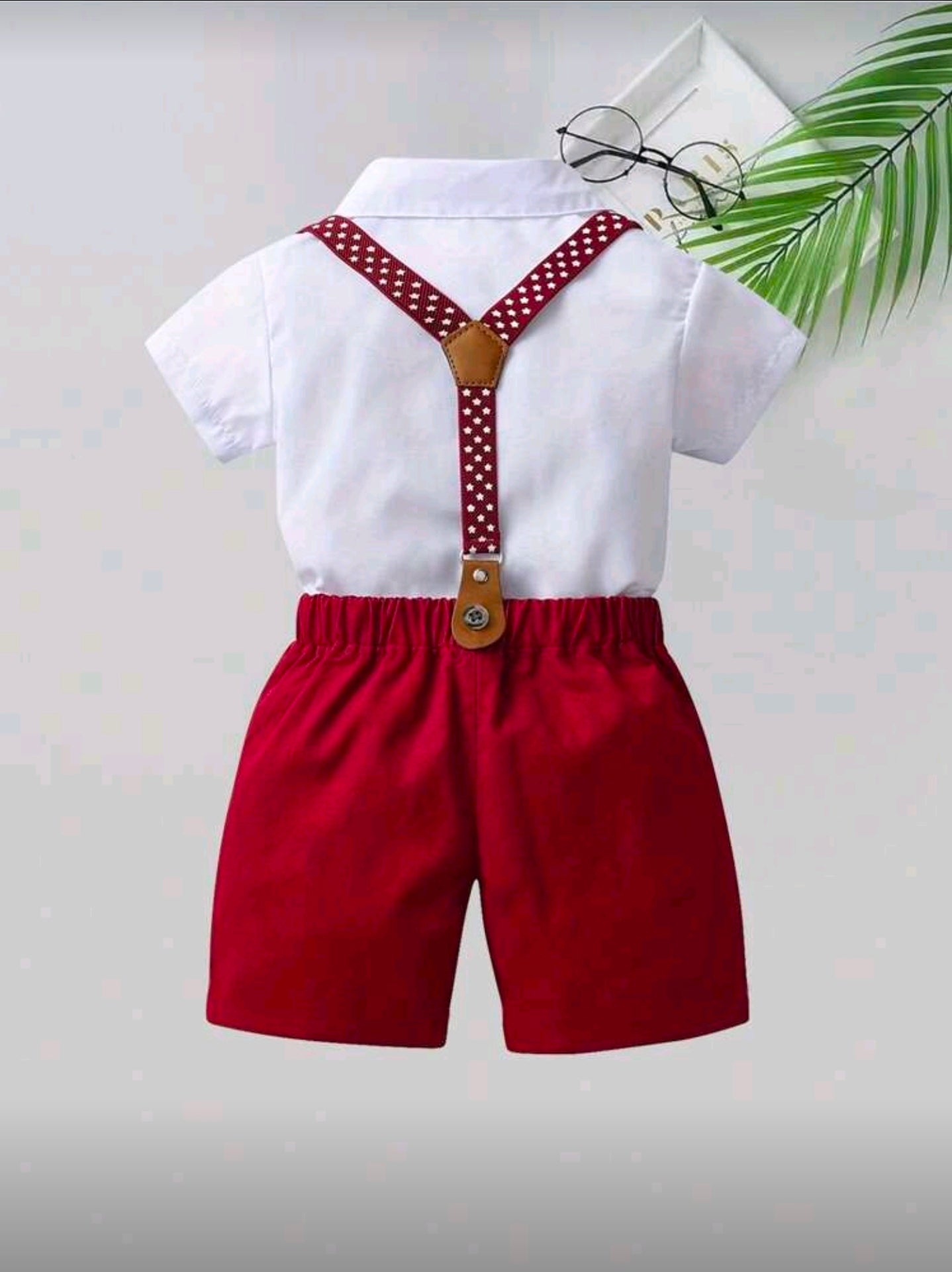 2pcs Baby Boys Gentleman Outfit - Red Suspender Pants And White Shirt With Bow Tie, Suitable For Holidays, Weddings, Parties, New Year Celebrations, And Everyday Wear