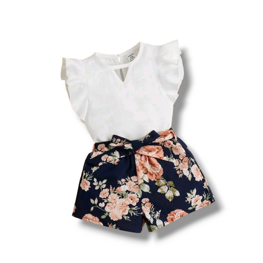SHEIN Baby Girl Ruffle Trim Keyhole Neckline Top & Floral Print Belted Shorts -(size 2-3Y)