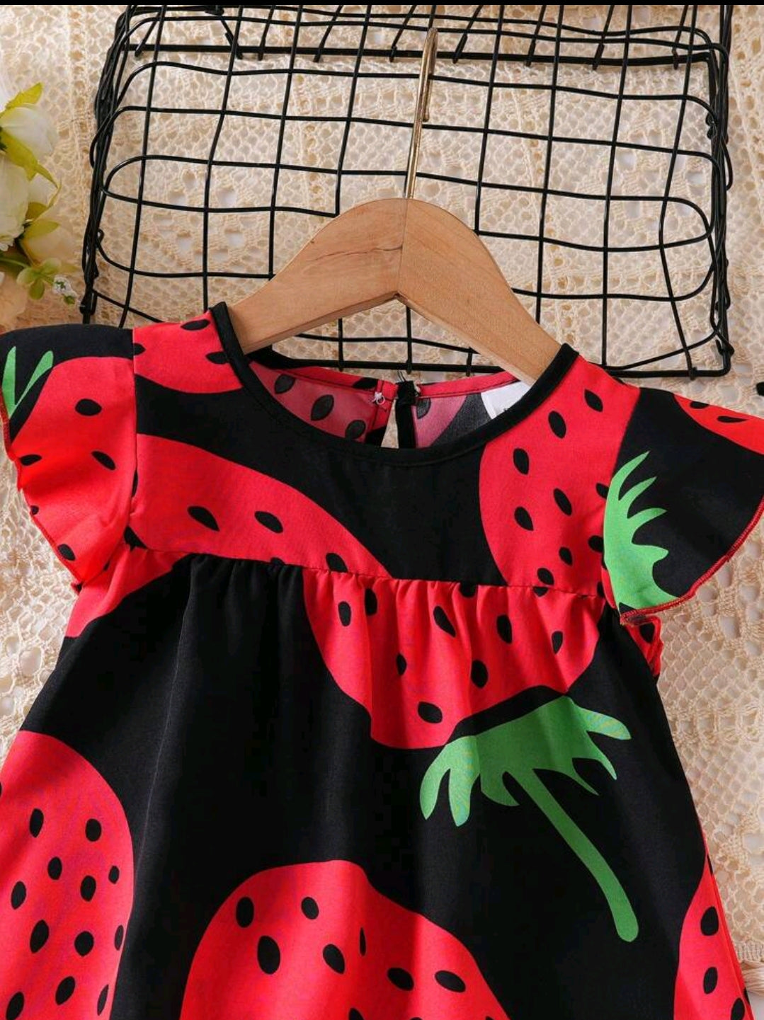 Baby Girl Cute Little Fly Sleeve Strawberry Print Princess Dress Suitable For Summer Wear -(size 6-9M)