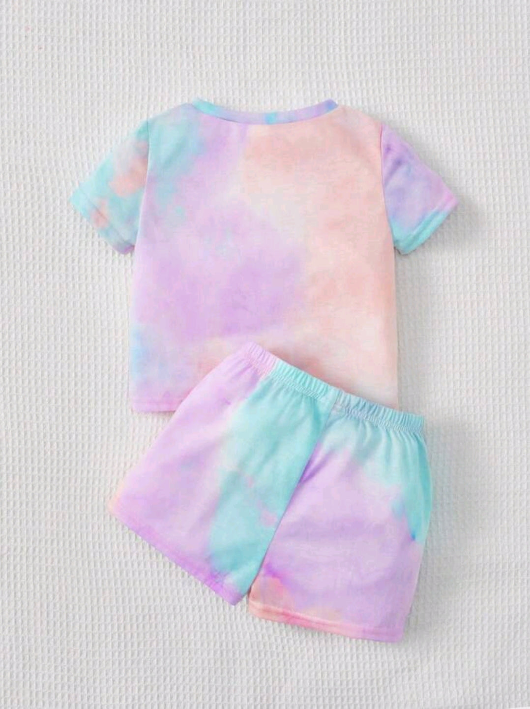 SHEIN Baby Girl 2pcs/Set Tie-Dye Round Neck Short-Sleeved T-Shirt Elastic Waist Butterfly-Knotted Shorts Casual Summer Outfit -(size 18-24M)