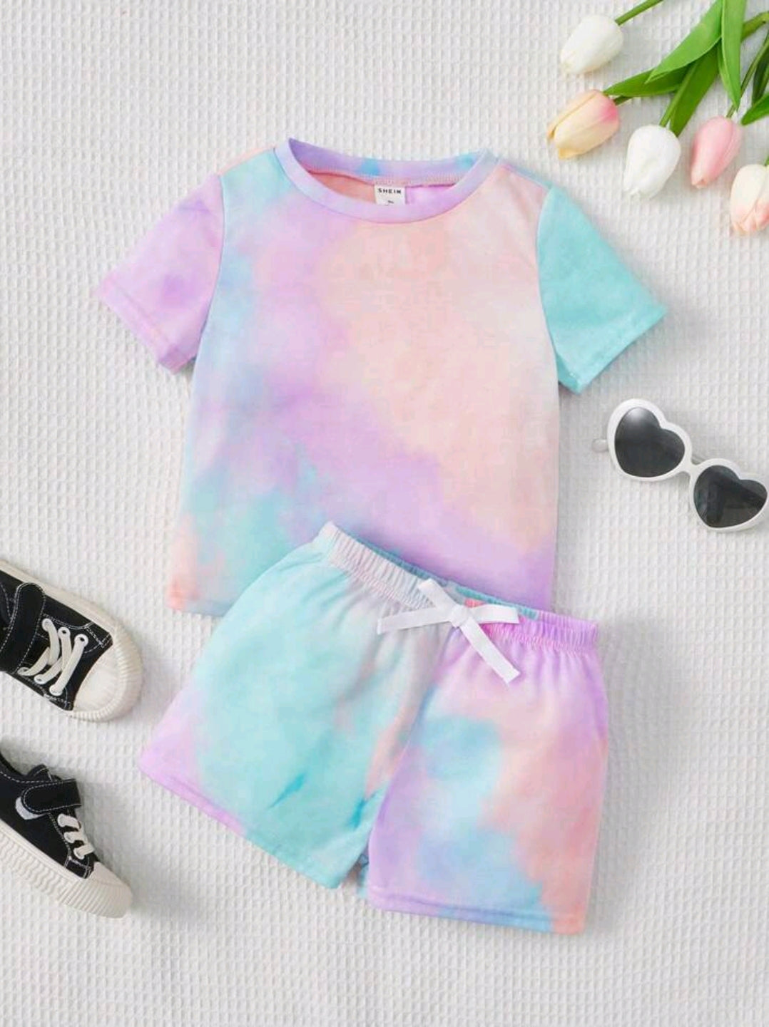 SHEIN Baby Girl 2pcs/Set Tie-Dye Round Neck Short-Sleeved T-Shirt Elastic Waist Butterfly-Knotted Shorts Casual Summer Outfit -(size 18-24M)