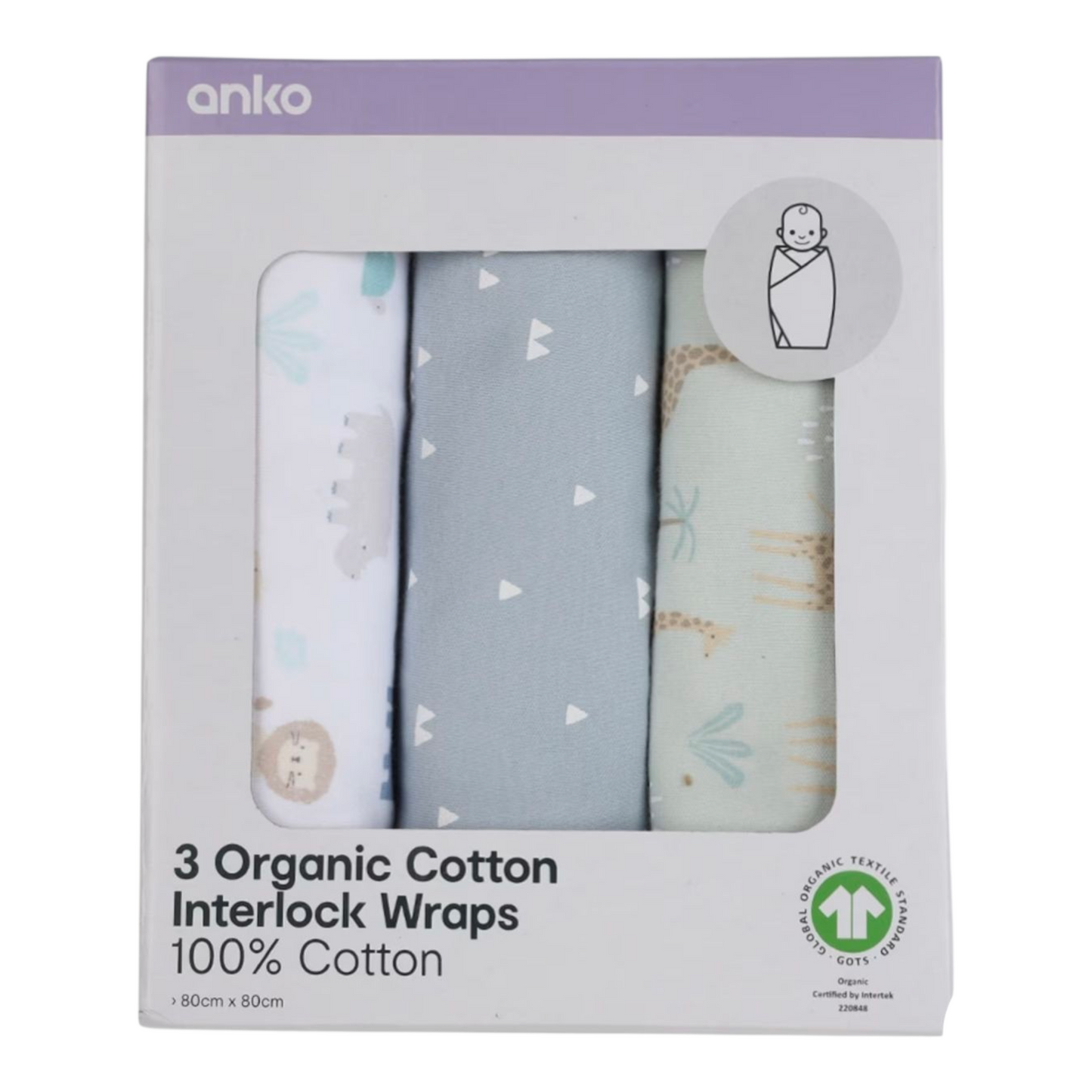 3 Pack Organic Cotton Interlock Wraps - Safari