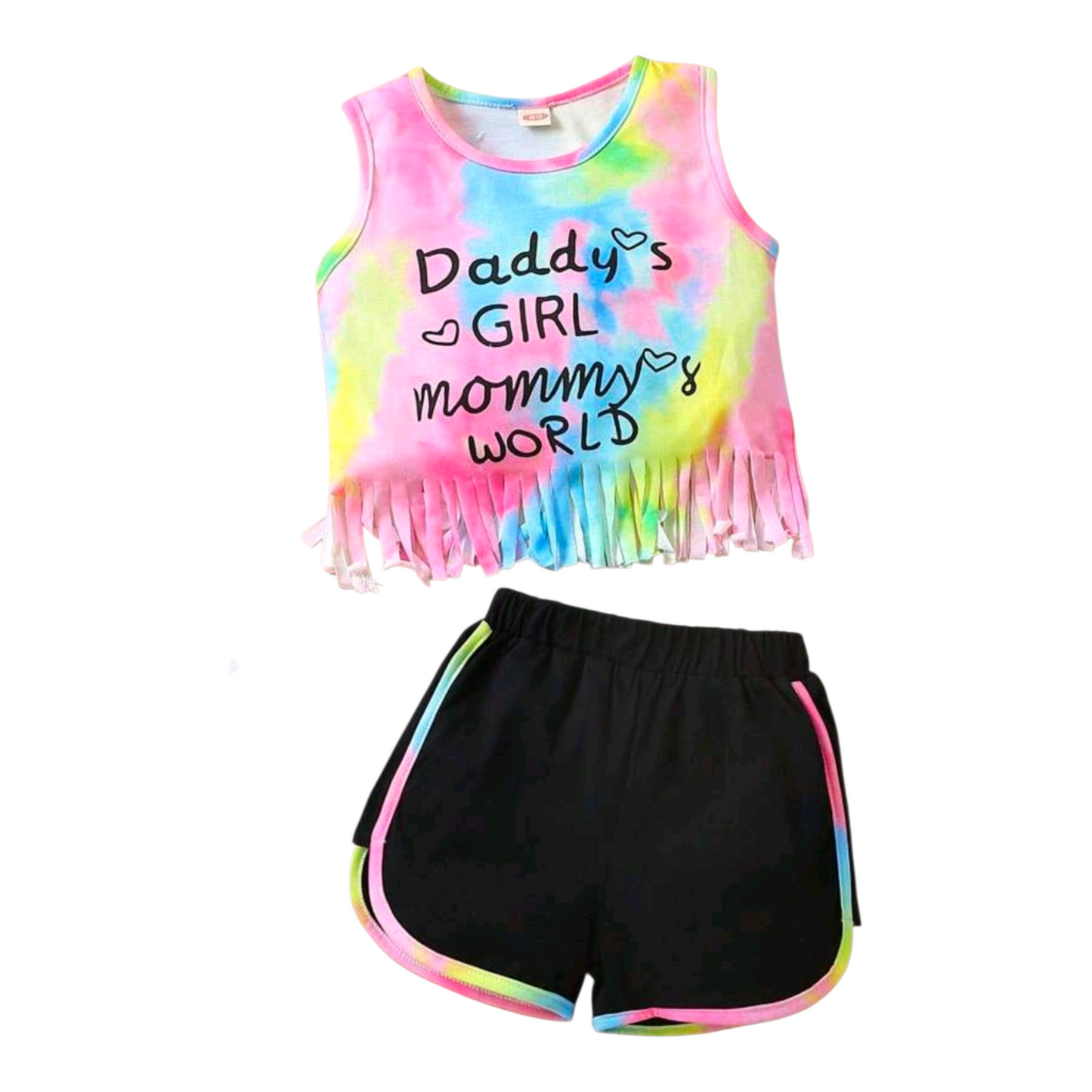 Baby Girls' Colorful Tie-Dye Tassel Crop Top And Contrast Trim Shorts Set