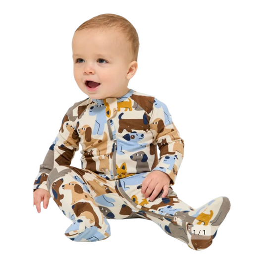 Baby Organic Cotton Print Zip Coverall - Puppies -(size 0-3M)