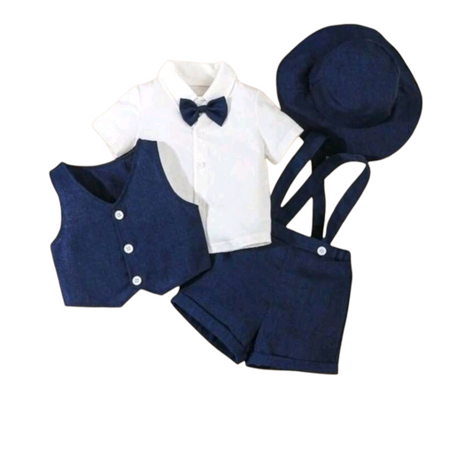 4pcs/Set Infant Boys Elegant College Style Outfit, Including Short Sleeve Shirt With Bowtie + Vest + Bib Shorts + Gentleman Hat, Suitable For Summer, 6 Months To 3 Years Old Toddlers - (size 12-18M)
