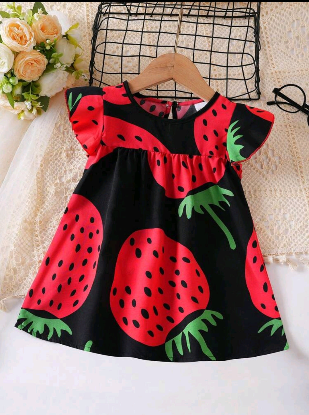 Baby Girl Cute Little Fly Sleeve Strawberry Print Princess Dress Suitable For Summer Wear -(size 6-9M)