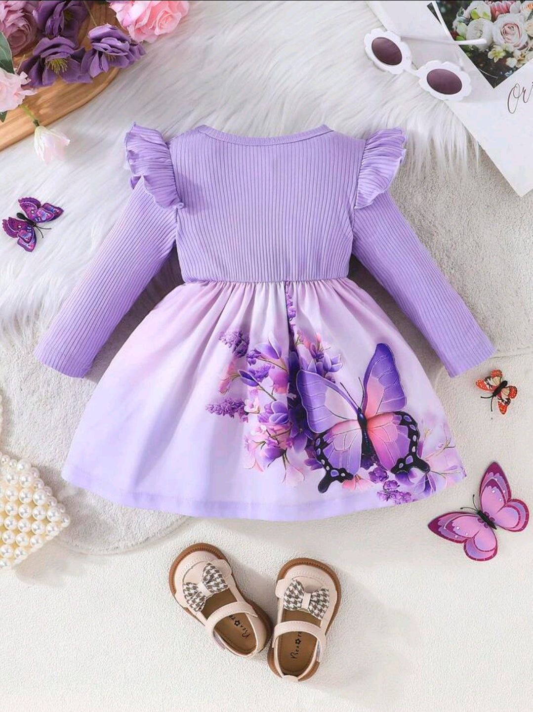 Toddler Girls Autumn Ruffle Collar Long Sleeve Round Neck Bow Tie Cute Butterfly Floral Print Casual Dress -(size 3-6M)