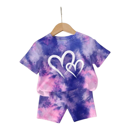 SHEIN Tie Dye Heart Pattern, Baby Girl Casual Minimalist Crew Neck Short Sleeve T-Shirt And Leggings Set, Suitable For Spring/Summer -(size 6-9M)