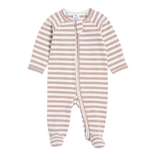 Baby Organic Cotton Print Zip Coverall - Brown Stripe -(size NB)