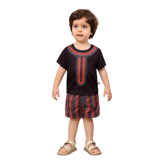 Baby Boy Black Graphic Print Collar Short Sleeve T-Shirt And Shorts Set, Suitable For Multiple Occasions -(size 6-9M)