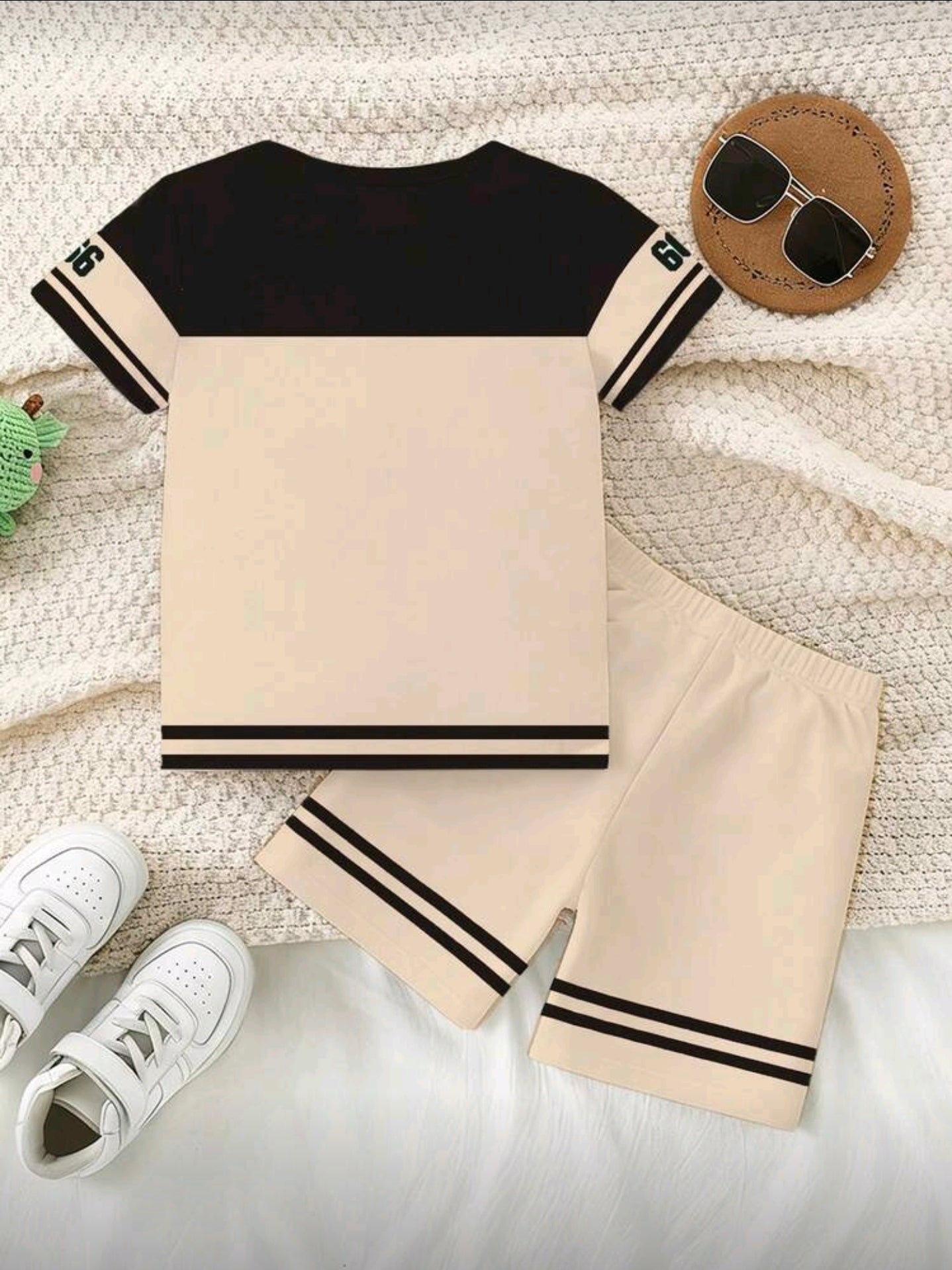 2pcs/Set Toddler Boys' Casual Numeric 66, Striped, Letter Graphic Print Short Sleeve T-Shirt And Shorts Set