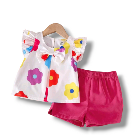 Baby Girls Casual Floral Print Bowknot Decor Top And Shorts Set, Summer -(size 3-6M)