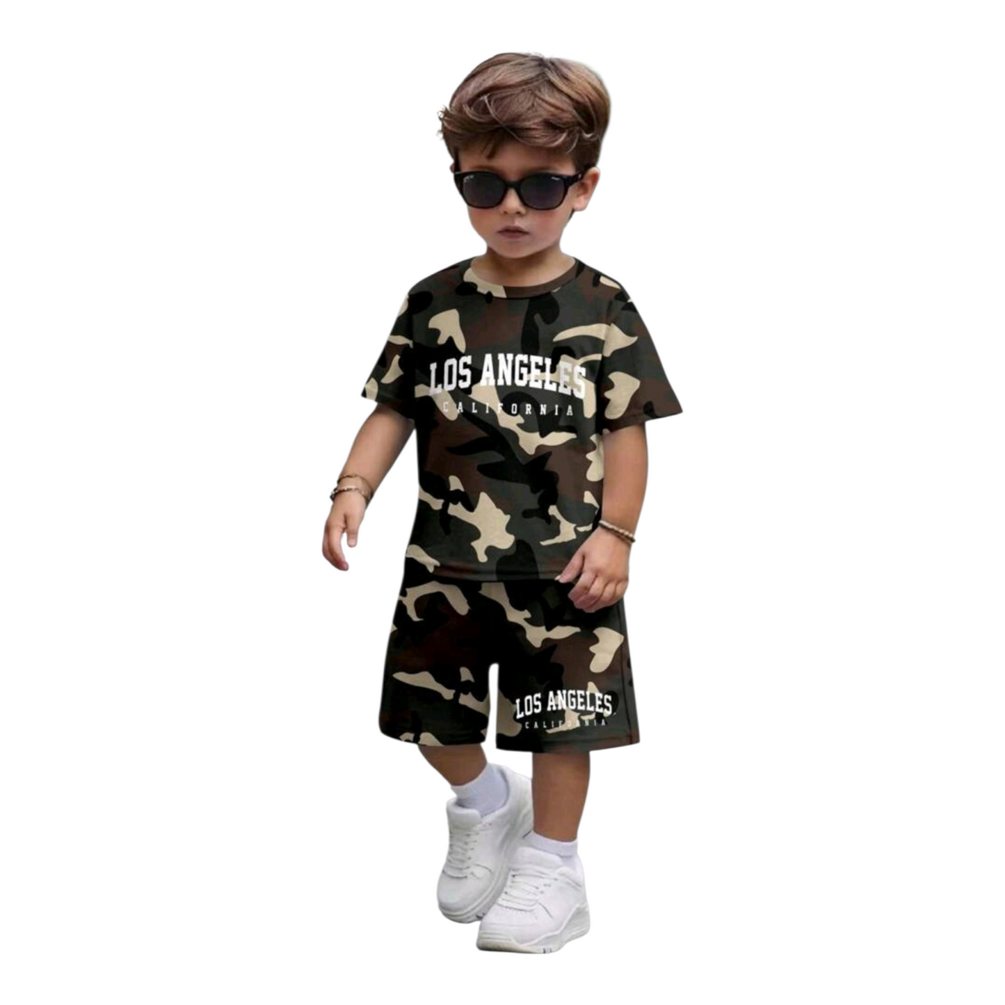 SHEIN 2pcs Baby Boy Casual Classic City Camo Print Crew Neck Short Sleeve T-Shirt And Shorts Set, Suitable For Summer