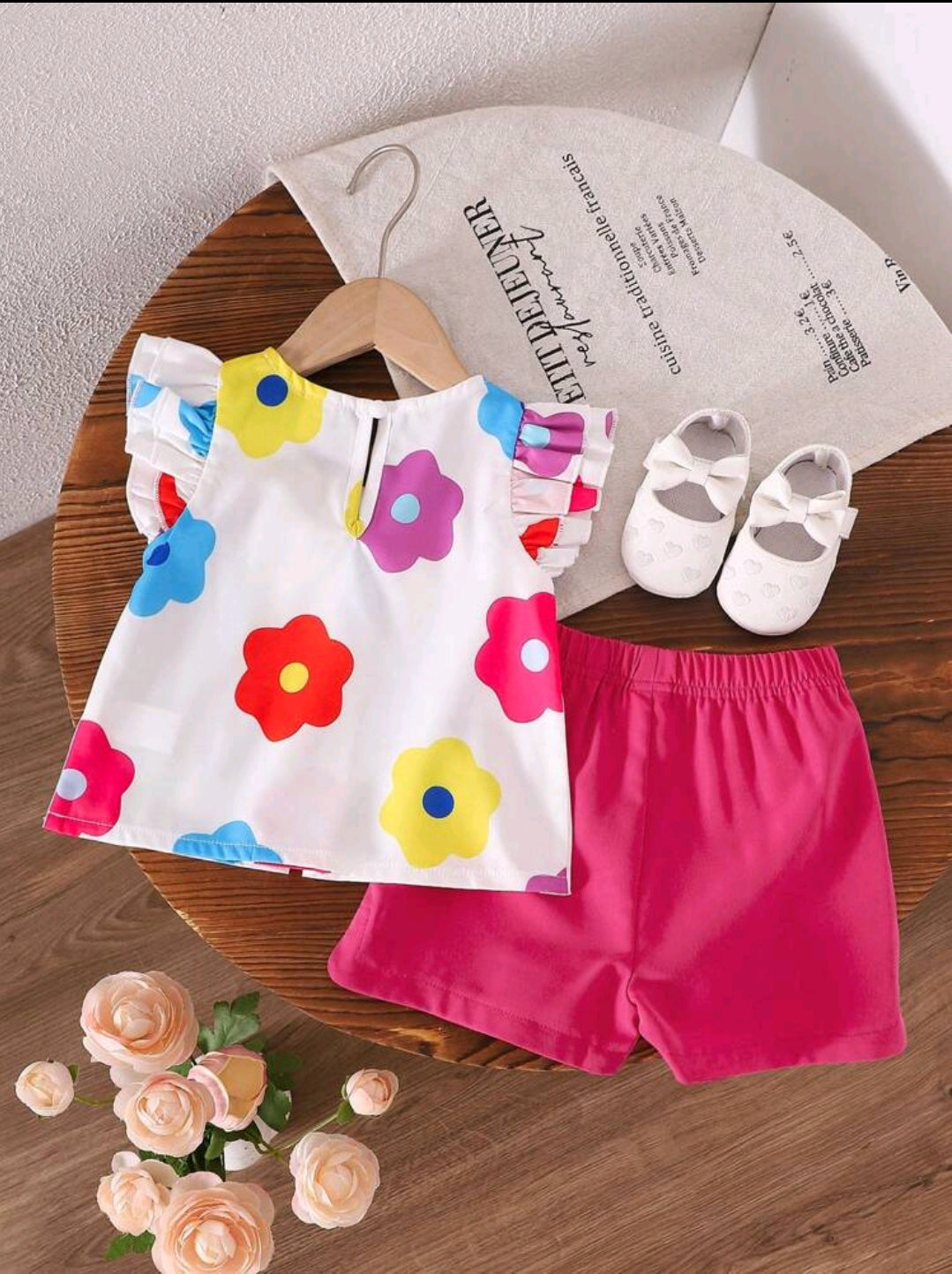 Baby Girls Casual Floral Print Bowknot Decor Top And Shorts Set, Summer -(size 3-6M)