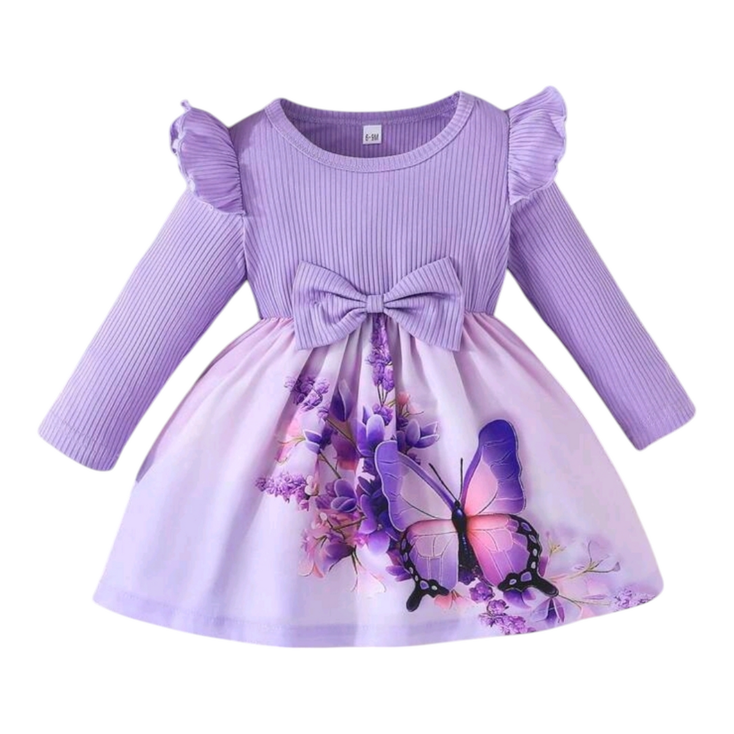 Toddler Girls Autumn Ruffle Collar Long Sleeve Round Neck Bow Tie Cute Butterfly Floral Print Casual Dress -(size 3-6M)