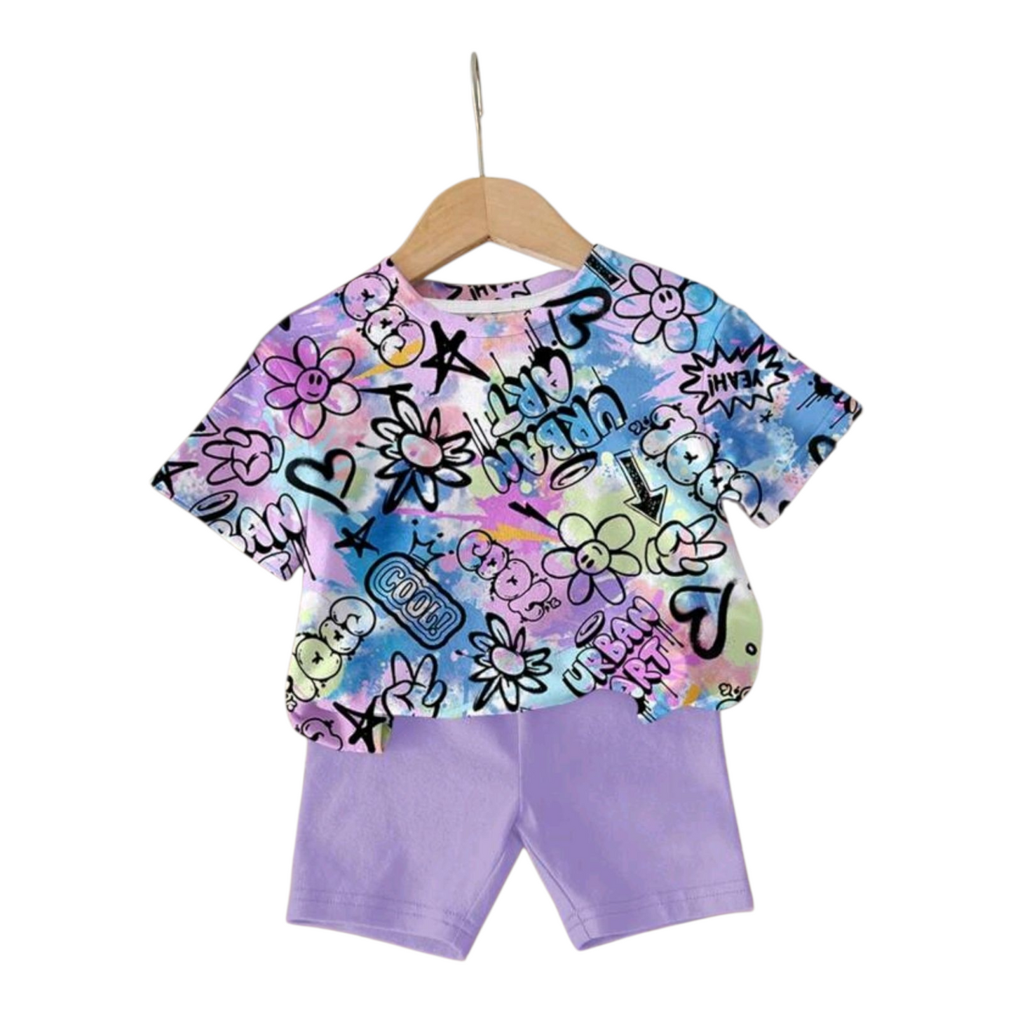SHEIN Baby Girl Casual Minimalist Smiling Face & Flower Graphic Print Round Neck Short Sleeve T-Shirt & Skinny Shorts Set, Suitable For Spring/Summer -(size 6-9M)