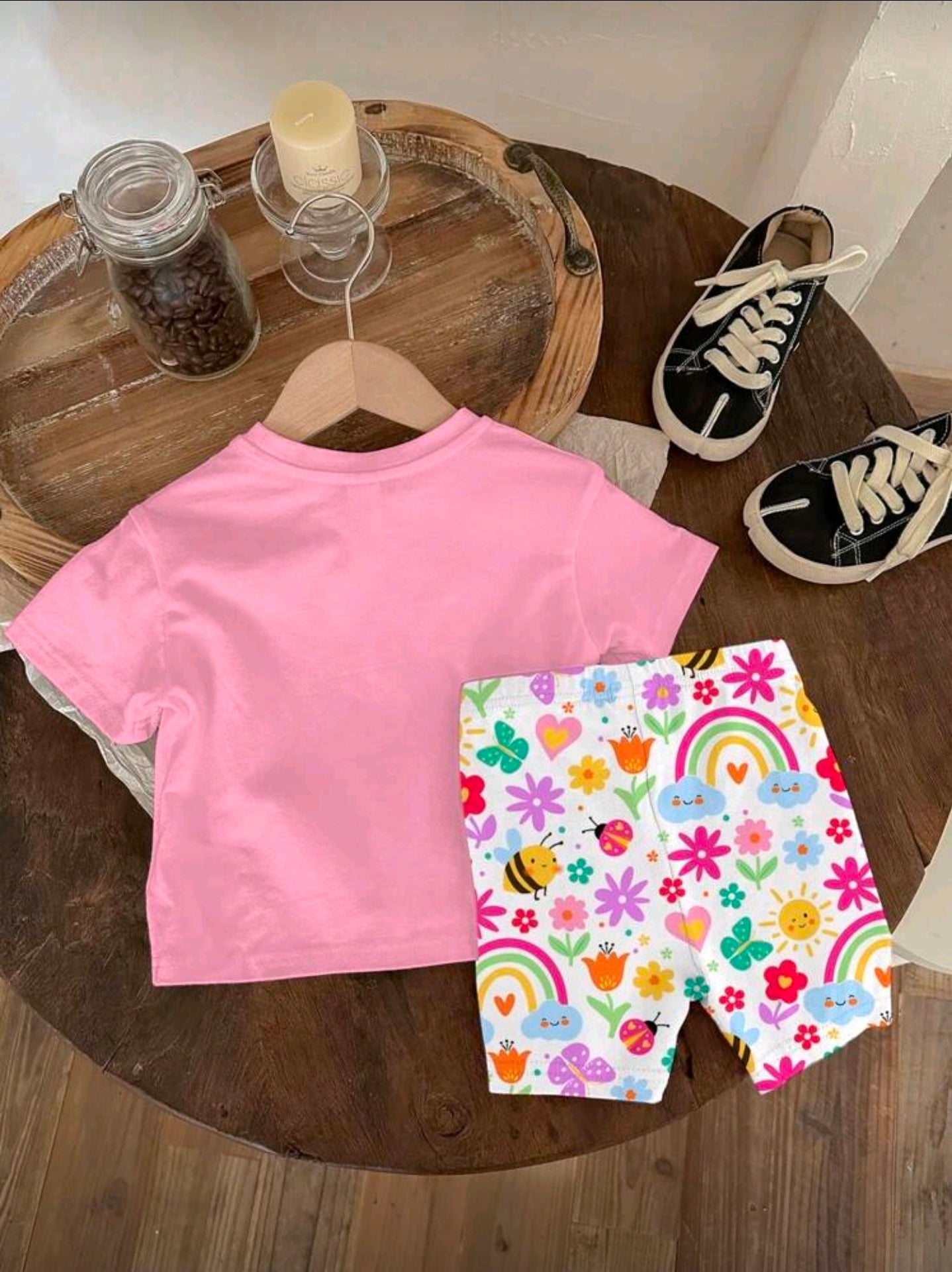 SHEIN Happikins Baby Girl Casual Cute Graphic Flower, Face, Rainbow, Insects, Butterfly Print Round Neck Short Sleeve T-Shirt And Leggings Set, Suitable For Spring/Summer Baby Girl Clothes, Toddler Girl Clothes Baby Girl Clothes Sets Summer Infant Girl Sh