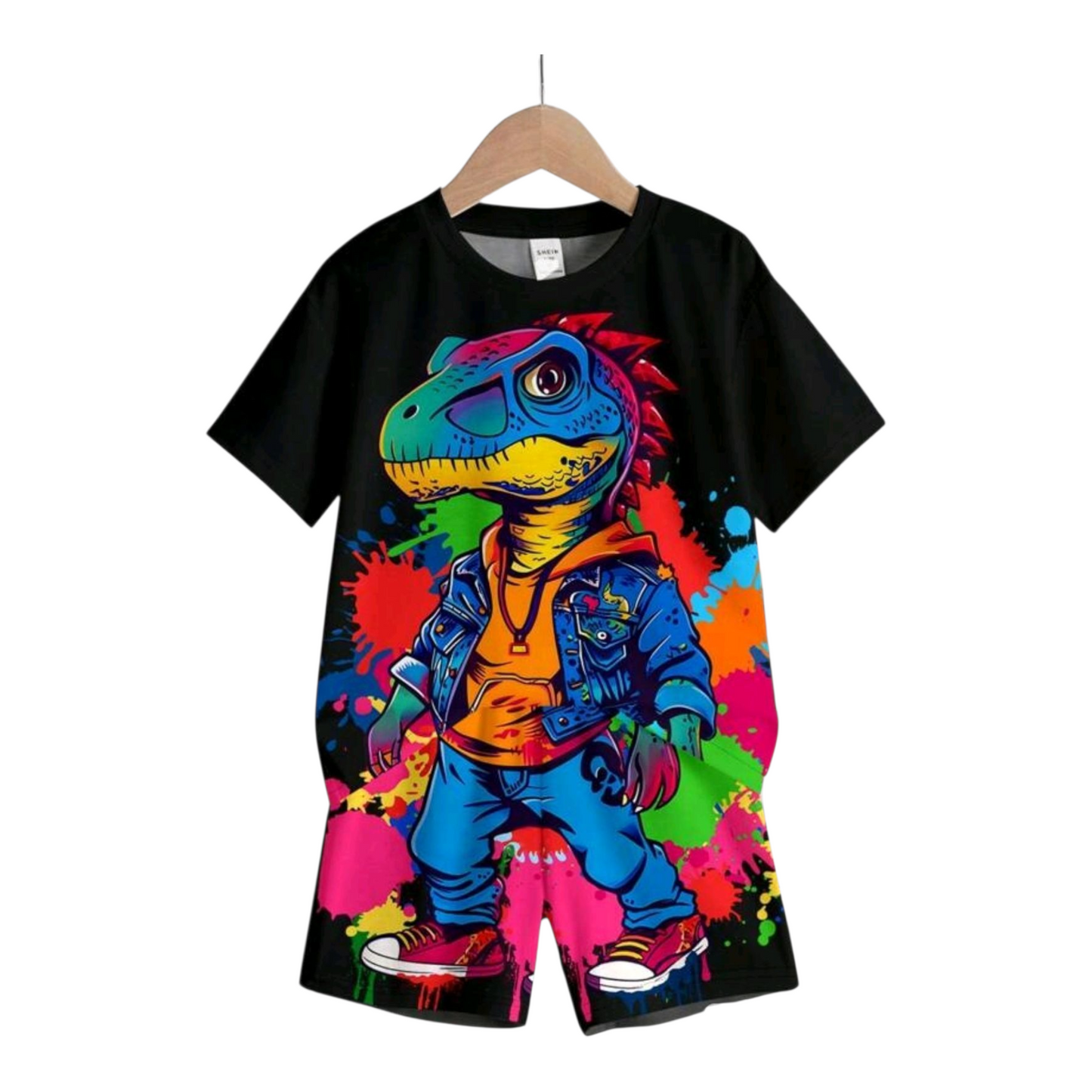 SHEIN 2pcs/Set Baby Boy Casual Cute Cartoon Lizard Print Round Neck Short Sleeve T-Shirt And Lizard Pattern Shorts, Summer Outfit -(6-9M)