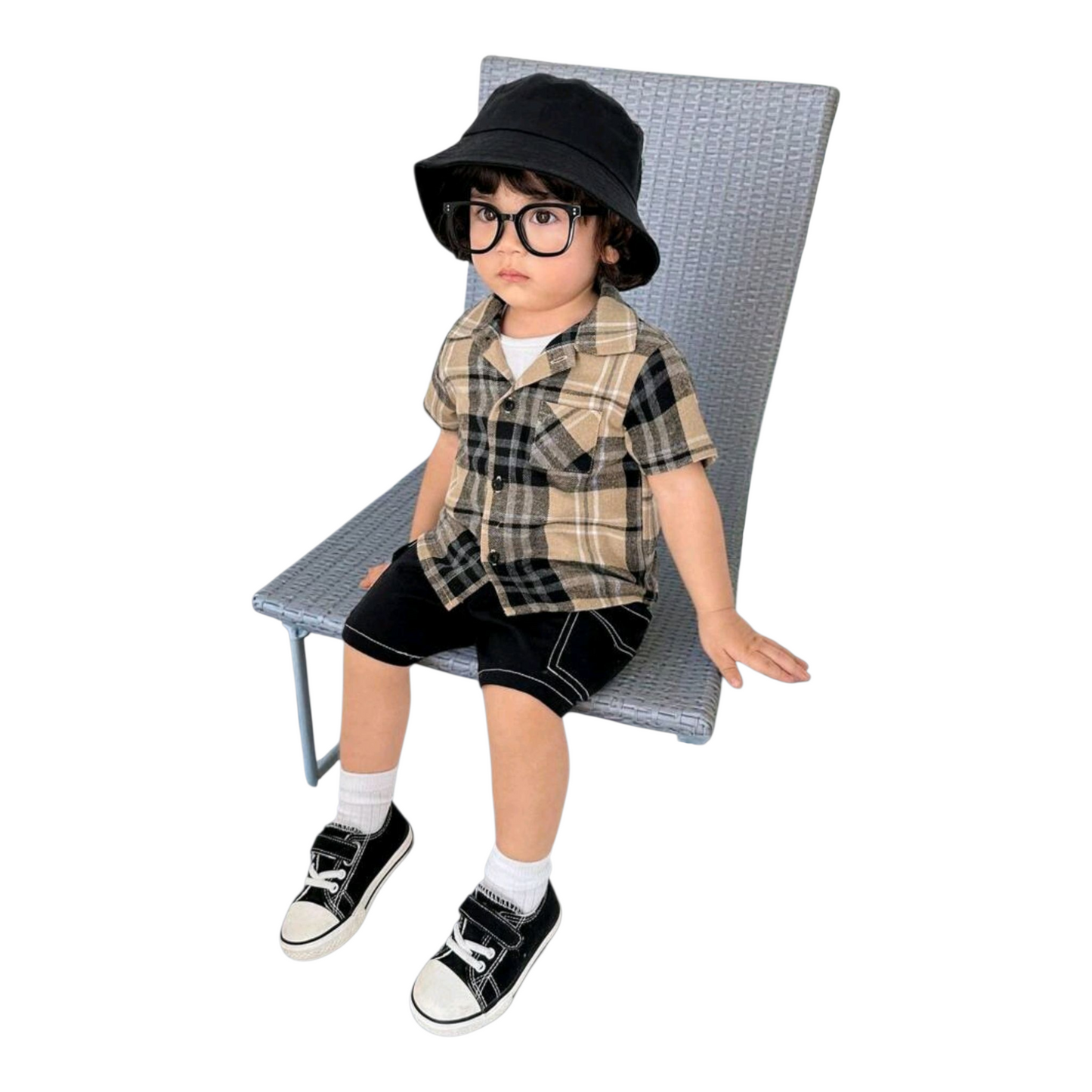 SHEIN Baby Boy Casual Khaki Plaid Collar Short Sleeve Shirt , Suitable For Spring & Summer Indoor And Outdoor Wear -(size 6-9M)