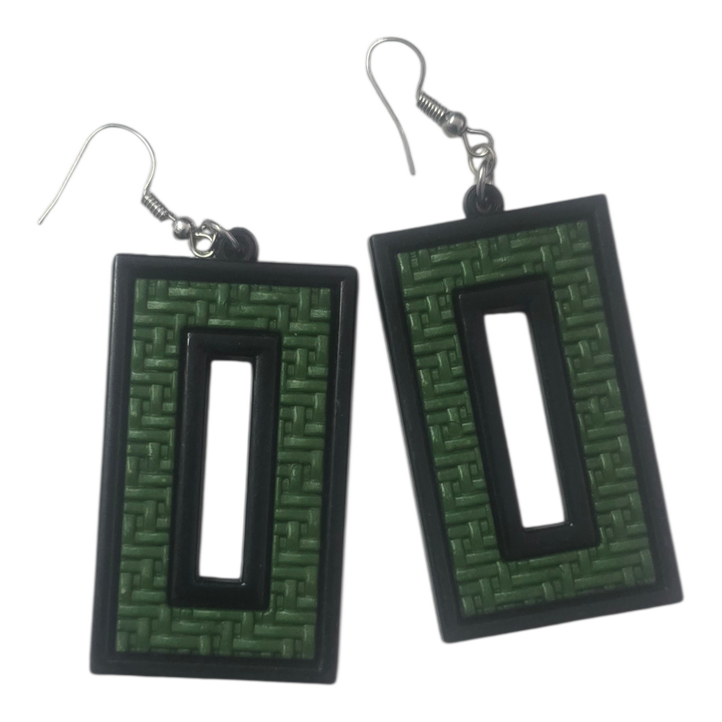 Rectangular, dangle-style earrings featuring a green woven or textured inlay bordered by a black frame.