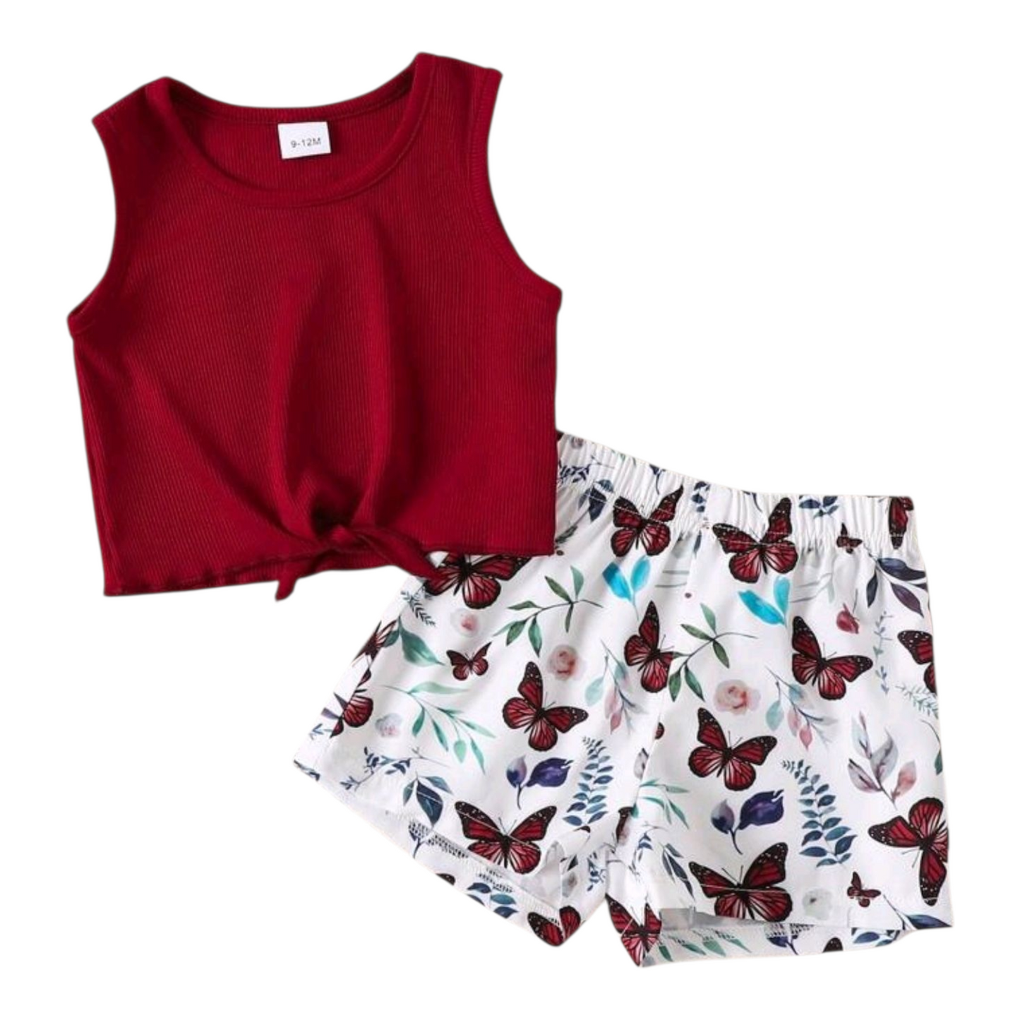 2pcs/Set Baby Girls Solid Sleeveless Tank Top And Casual Butterfly Floral Print Shorts Set, Summer Daily Wear -(size 6-9M)