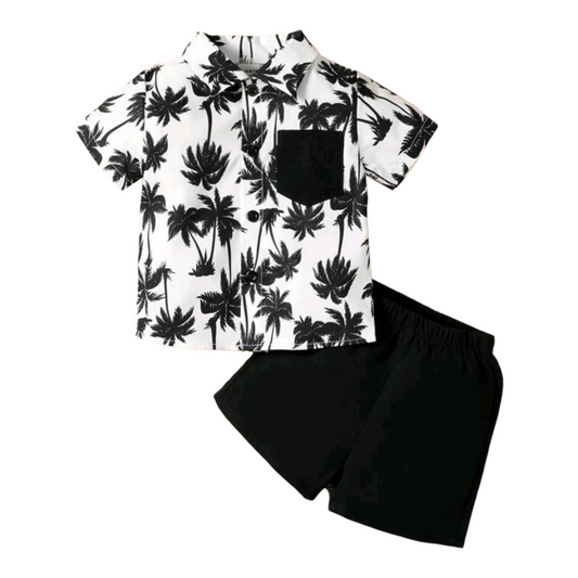 Baby Boy Summer Holiday Coconut Tree Printed Shirt And Solid Color Shorts Set -(size 6-9M)