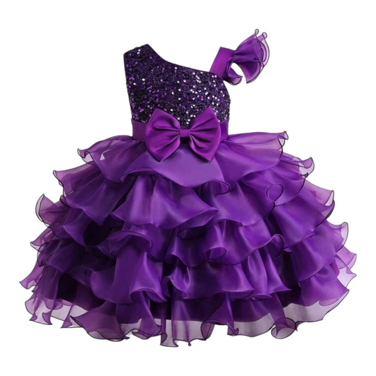Baby Girl Sequin Bow Decoration Layered Ruffled Cake Dress, Elegant Party Dress Suitable For Birthday Party, Wedding, Not Including Hair Accessory - (size 12-18M)