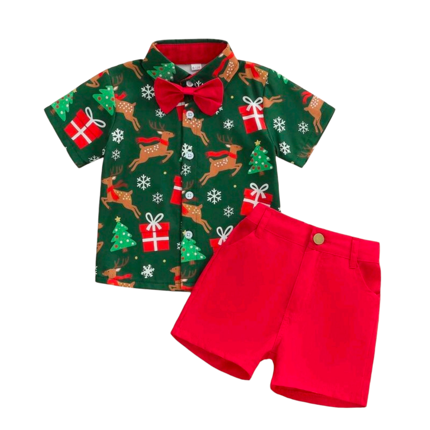 Toddler Little Boy Christmas Outfit Reindeer Snowflake Print Short Sleeve Bowtie Shirt Solid Shorts 2 Piece Gentleman Set