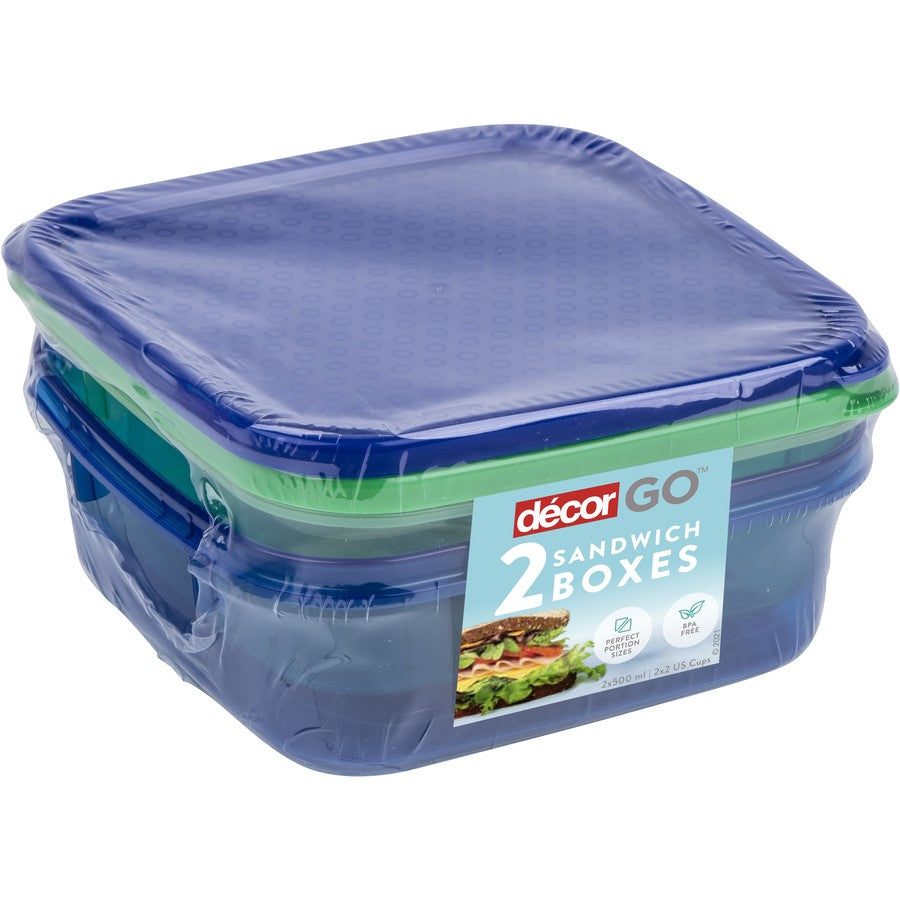 Decor Sandwich Box Square 500ml 2 Pack - Assorted*