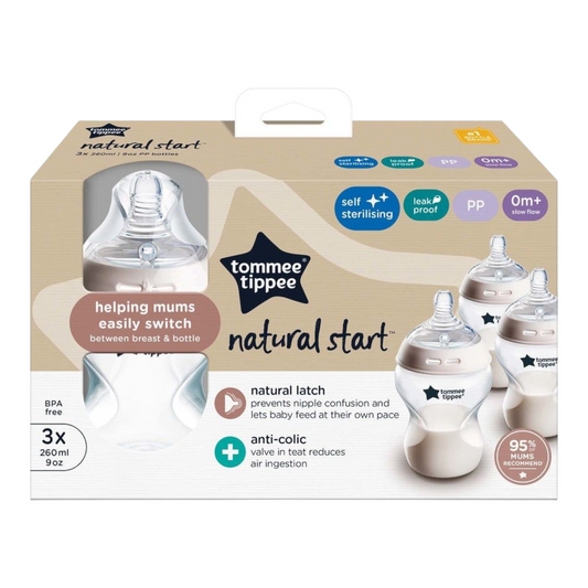 Tommee Tippee Baby Bottles, Natural Start Anti-Colic Baby Bottle with Slow Flow Breast-Like Teat 260ml 0m+ Self-Sterilising Decorated 3 Pack