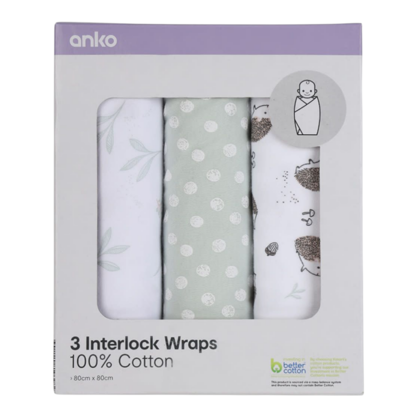 3 Pack Cotton Interlock Wraps - Hedgehog