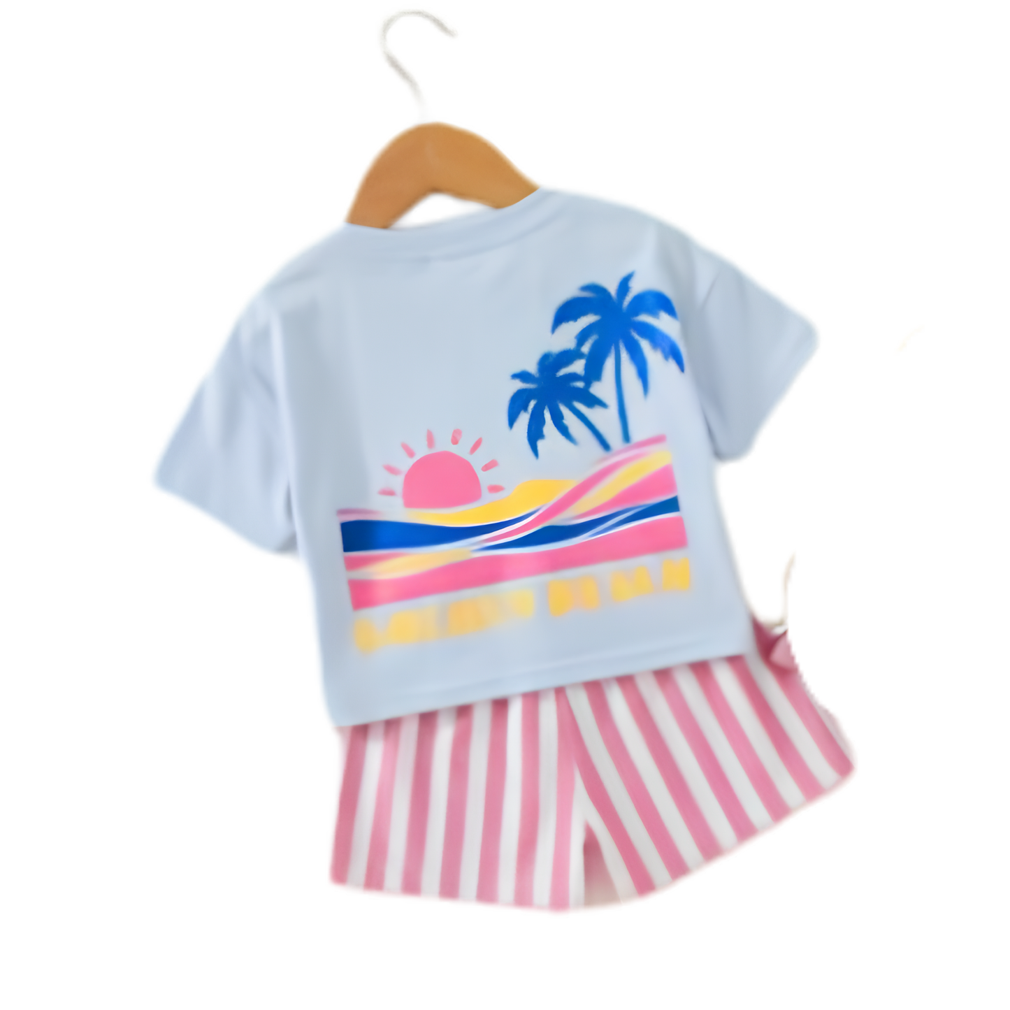 Cozy Pixies Baby Girl Vacation Style Coconut Tree Print Soft Round Neck Short Sleeve Top And Elastic Waist Shorts 2-Piece Set