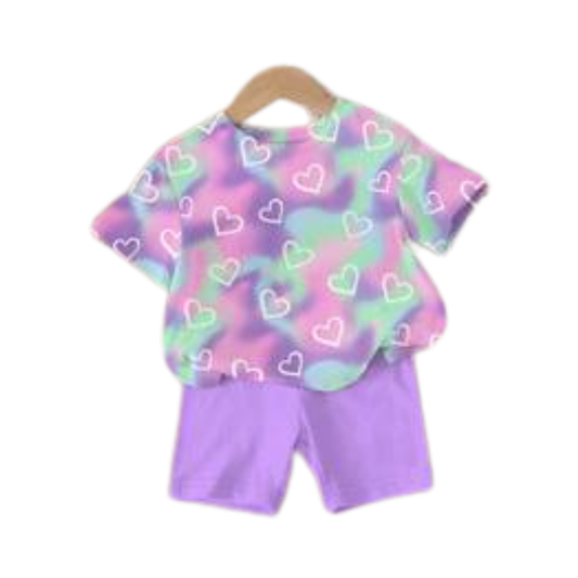 2pcs Baby Girl Cute Purple Tie-Dye Heart Print Short Sleeve T-Shirt And Shorts Set,Summer Vacation Casual Outfit For Sisters Matching,Parties & Daily