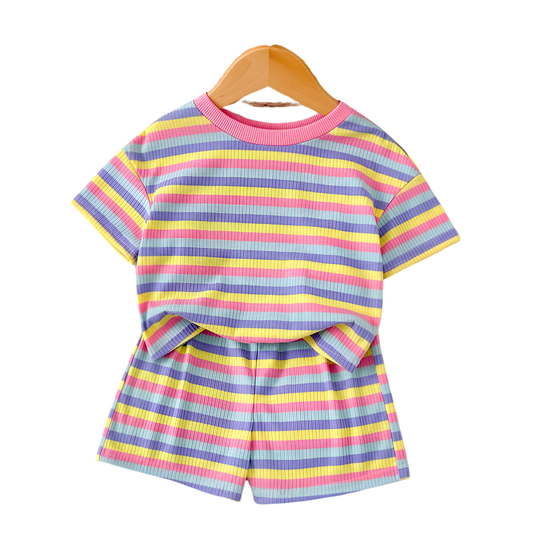 Cozy Pixies 2pcs Baby Girl Knit Short Sleeve Top And Elastic Waist Shorts Set,Cute Casual Rainbow Colorblock Outfit For Girls,Summer Pastel Yellow Work Clothes