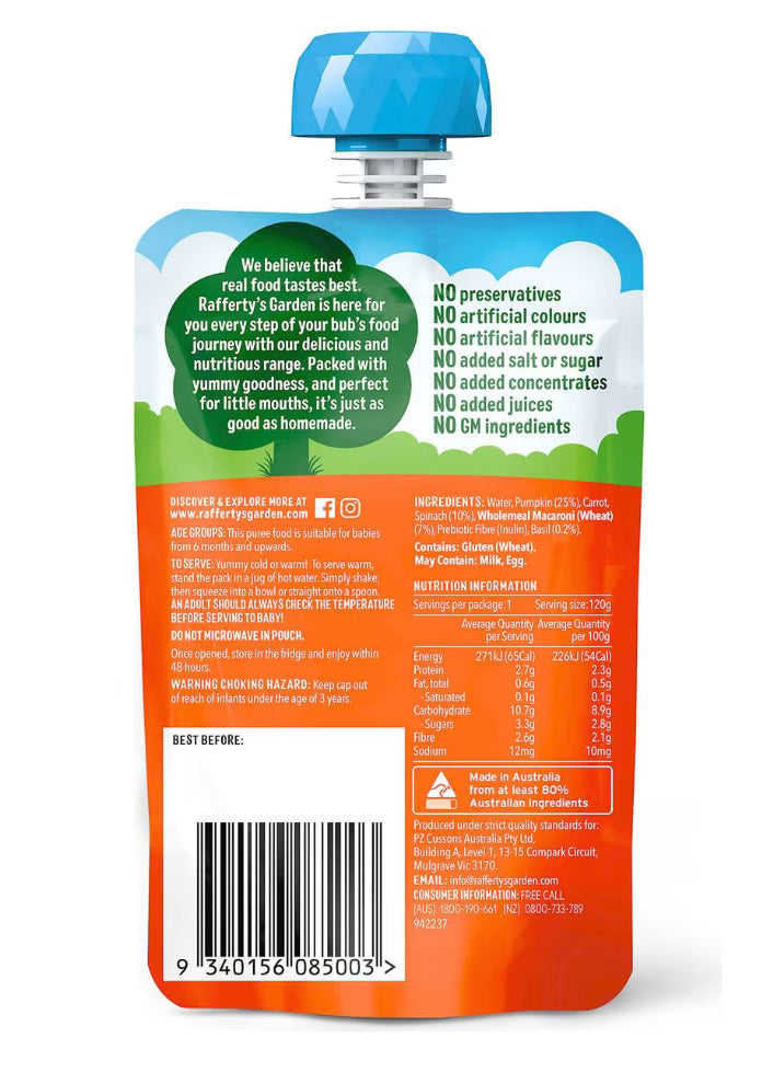 Rafferty's Garden Baby Food Pouch Pumpkin & Spinach Pasta Bake 6+ Months 120g