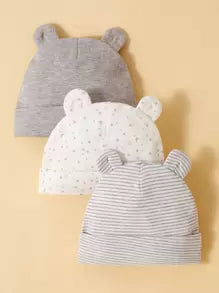 momscare 3pcs Grey Star & Moon Pattern Hats, Soft & Comfortable Bear Ear Caps Suitable For Newborns And Infants