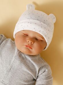 momscare 3pcs Grey Star & Moon Pattern Hats, Soft & Comfortable Bear Ear Caps Suitable For Newborns And Infants