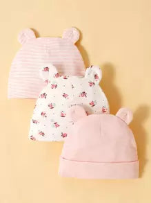 momscare 3pcs Cute Pink Rose Pattern Hats, Soft & Comfortable Bear Ear Caps, Suitable For Newborns And Infants - Adorable Baby Hats, Also Make Great Fontanel Gifts For Baby Girls