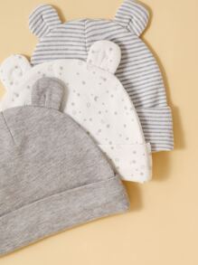 momscare 3pcs Grey Star & Moon Pattern Hats, Soft & Comfortable Bear Ear Caps Suitable For Newborns And Infants