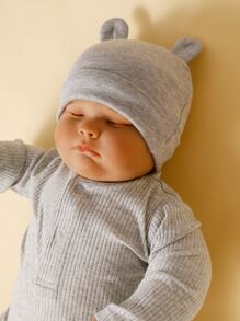 momscare 3pcs Grey Star & Moon Pattern Hats, Soft & Comfortable Bear Ear Caps Suitable For Newborns And Infants